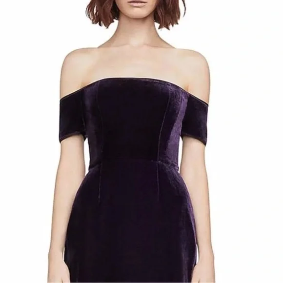 BCBG Max Azria Kerry Velvet Off Shoulder Plum Sheath Dress - Picture 3 of 9